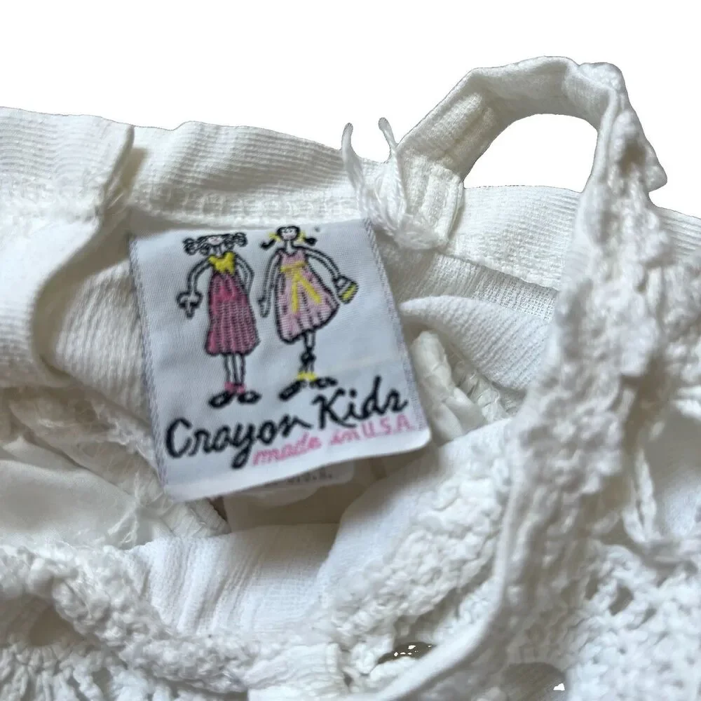 Vintage Crayon Kids White Dress Crochet Bodice Hem Lined Tie back USA Size 1/2